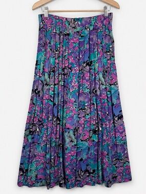 Vintage Componix Rayon Floral Pleated Midi Skirt Purple Teal Large
